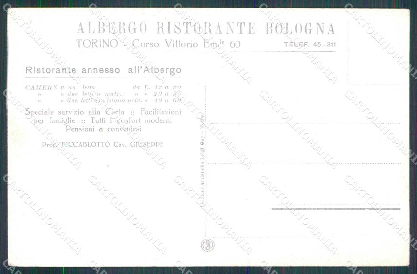 Torino Città Albergo Ristorante Bologna Tram cartolina MZ8352 – retro