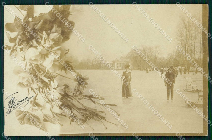 Torino Città Laghetto Valentino Ghiacciato Pattinatori Foto cartolina MZ9100 – fronte