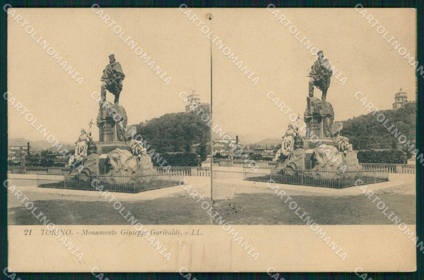 Torino Città Monumento Garibaldi PIEGA FORO Stereoview cartolina MZ9692 – fronte
