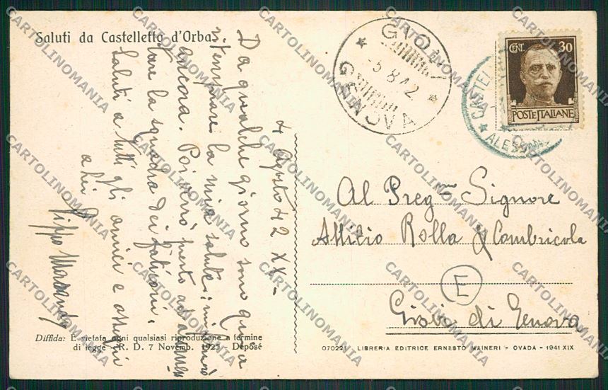 Alessandria Castelletto D'Orba cartolina QK0718 – retro
