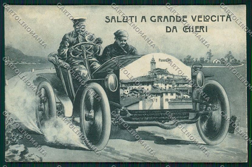 Torino Chieri Saluti a grande velocità auto REINCOLLATA cartolina QK1251 – fronte