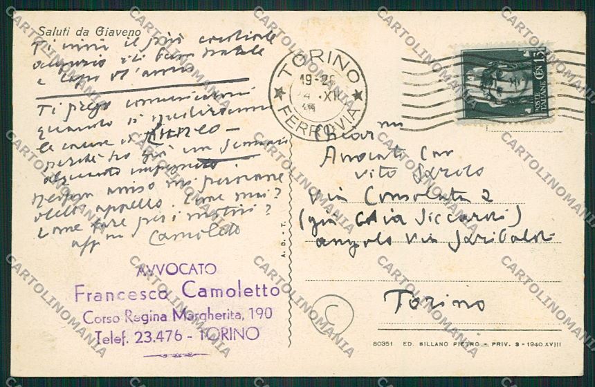 Torino Giaveno cartolina QK1458 – retro