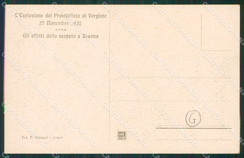 Varese Vergiate Esplosione Proiettificio 1920 cartolina QK5736 – retro