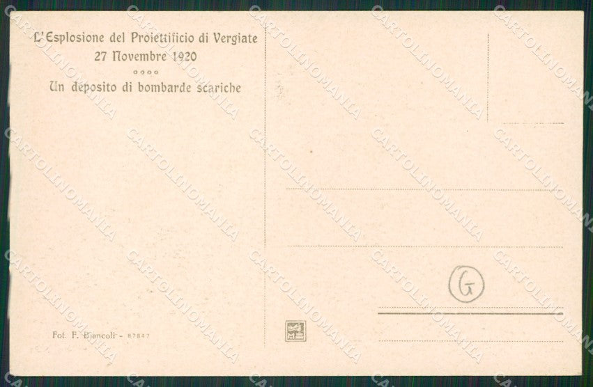 Varese Vergiate Esplosione Proiettificio 1920 cartolina QK5738 – retro