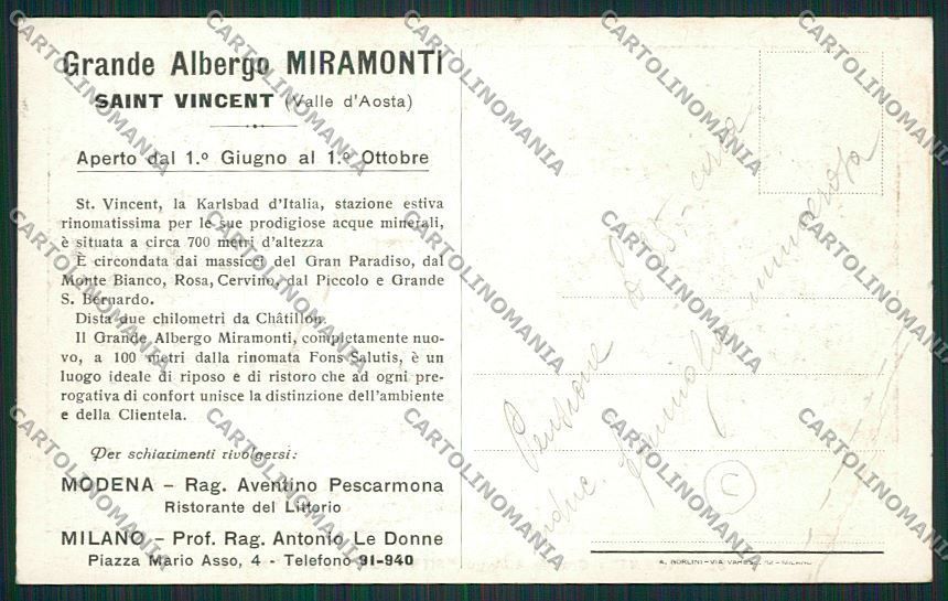 Aosta Saint Vincent PIEGHINA cartolina QQ5952 – retro