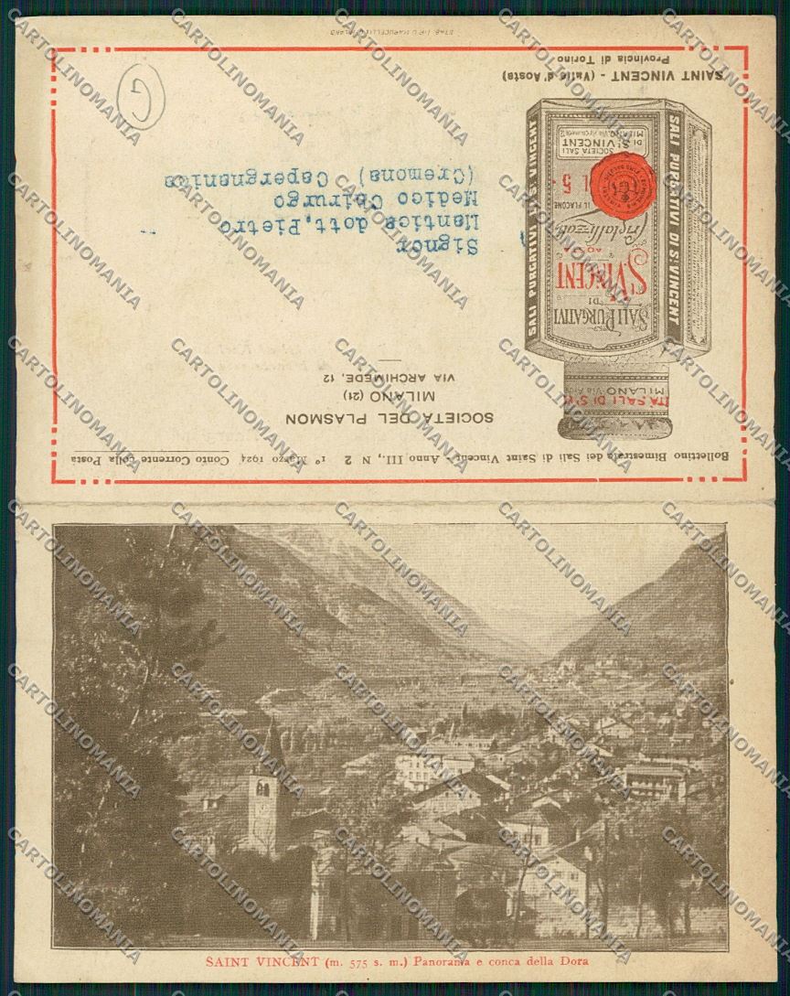 Aosta Saint Vincent Pubblicitaria doppia cartolina QQ5993 – fronte