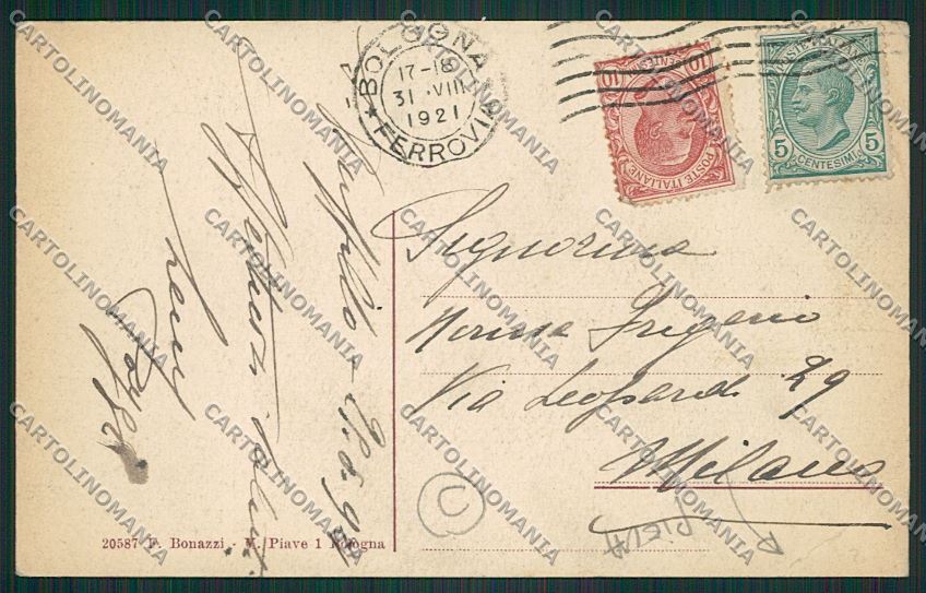 Bologna città Piazza Minghetti PIEGA cartolina QQ8910 – retro