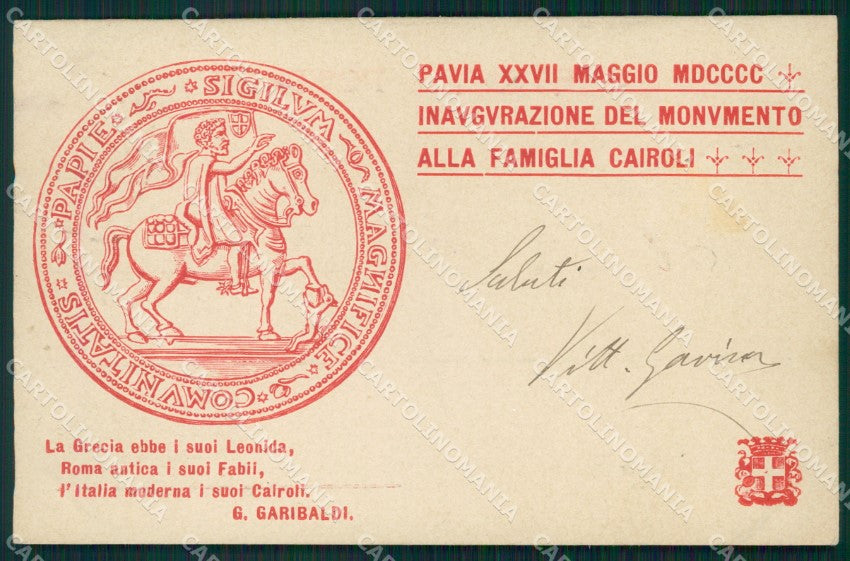 Pavia Città Inaugurazione Monumento Cairoli Garibaldi cartolina QT0081 – fronte