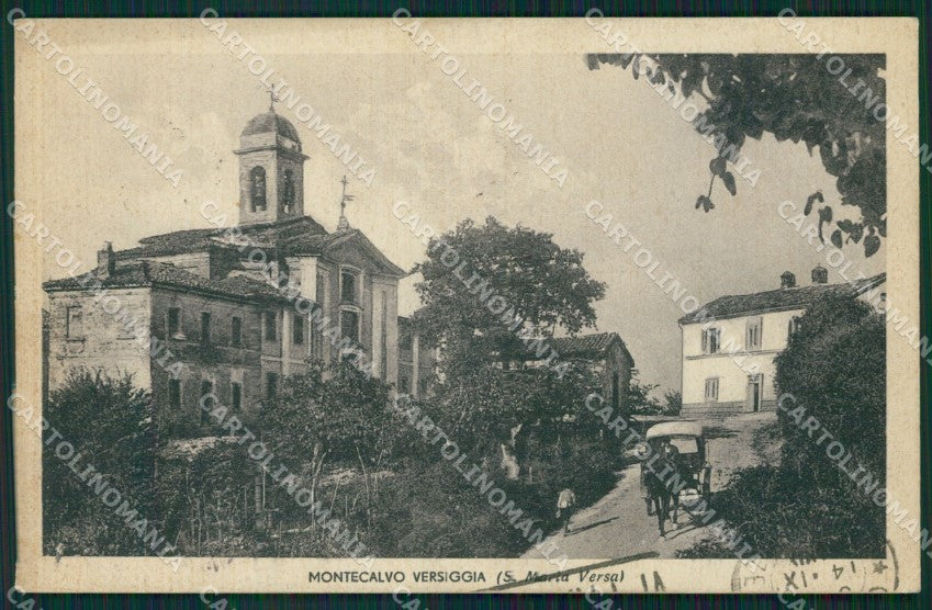 Pavia Montecalvo Versiggia Carrozza PIEGHINA TRACCE UMIDO cartolina QT0407 – fronte