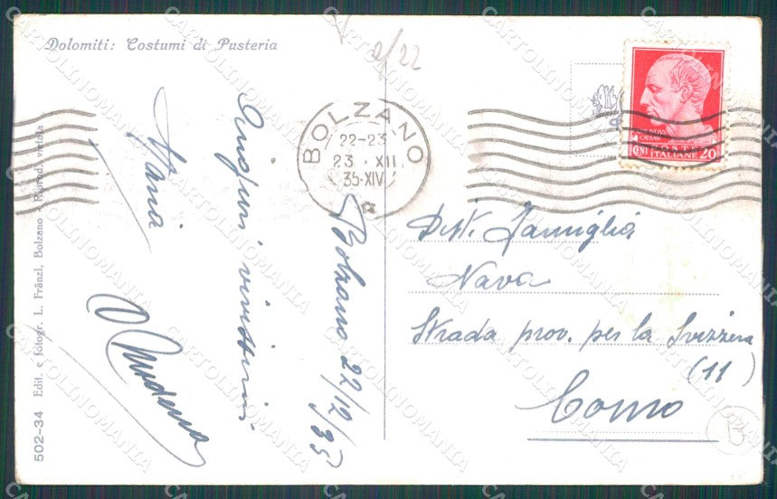 Bolzano Val Pusteria Costumi cartolina QT3133 – retro