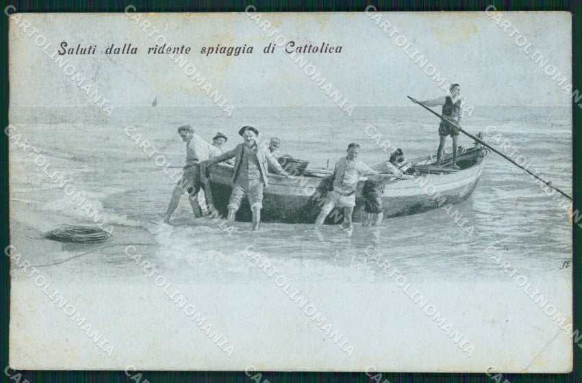 Rimini Cattolica Spiaggia Barca PIEGA cartolina QT3249 – fronte