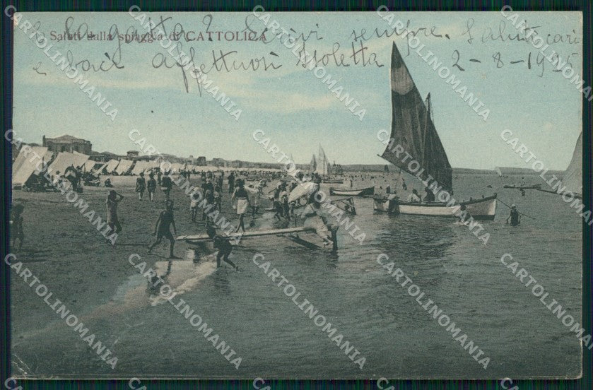 Rimini Cattolica Spiaggia Barca PIEGHINA cartolina QT3269 – fronte