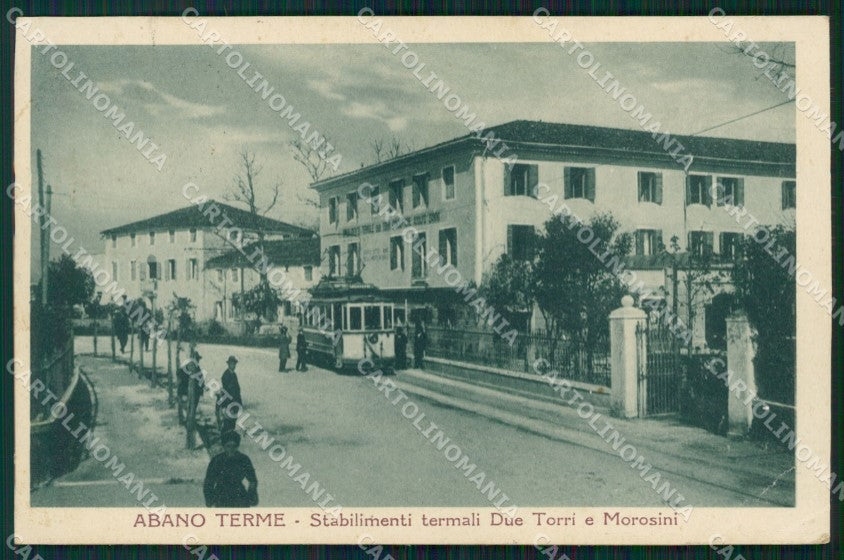 Padova Abano Terme Stabilimento Due Torri Tram PIEGA cartolina QT3913 – fronte