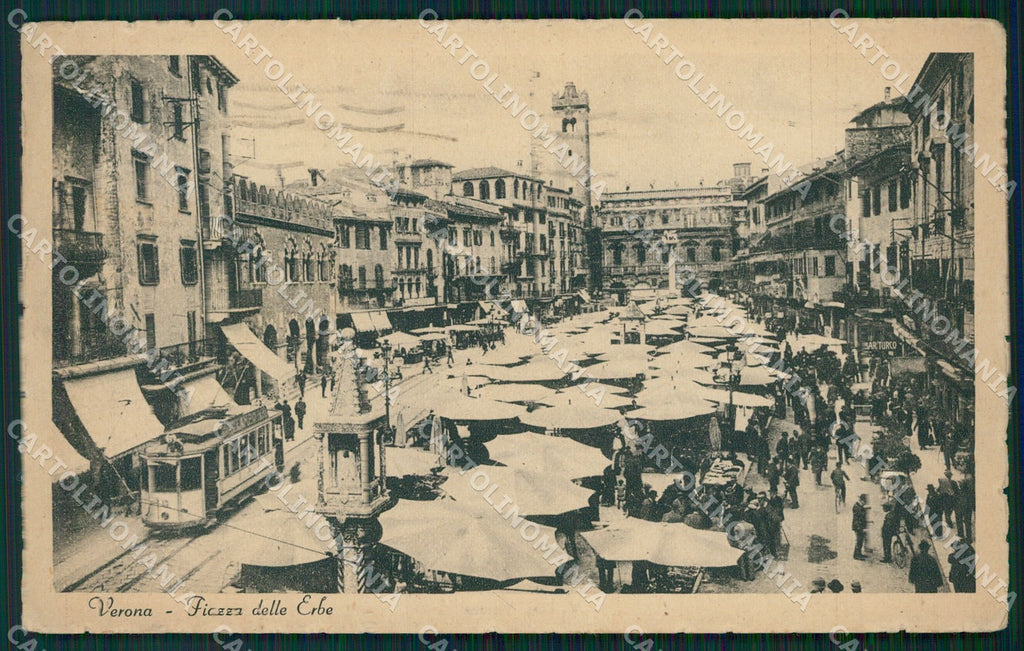 Verona Città Piazza Erbe Mercato Tram cartolina QT4488 – fronte