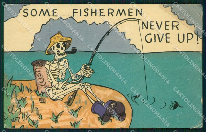 Sport Pesca Scheletro Skeleton Comica RESTAURATA cartolina postcard QT5031 – fronte