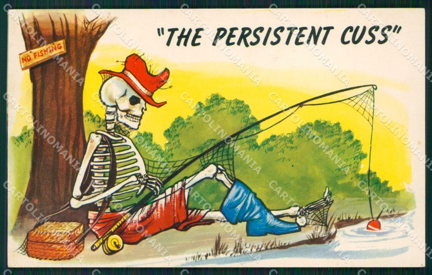 Sport Pesca Scheletro Skeleton Comica cartolina postcard QT5060 – fronte
