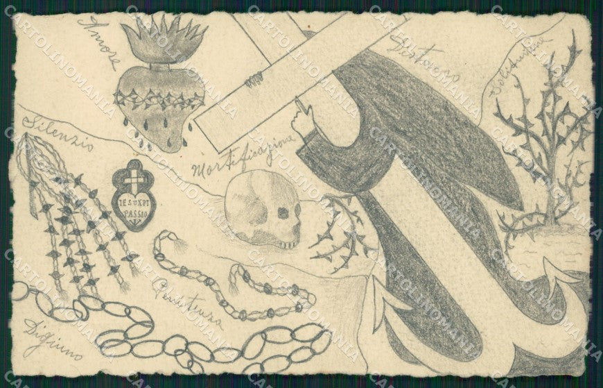 Scheletro Skeleton Teschio Disegnata a Mano cartolina postcard QT5068 – fronte
