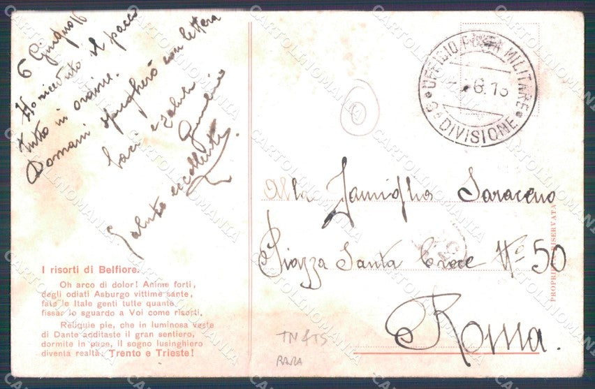 Trento Trieste WWI I risorti di Belfiore cartolina postcard QT5100 – retro