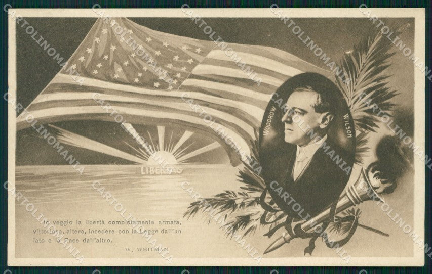 President Woodrow Wilson USA Flag postcard cartolina QT5281 – fronte