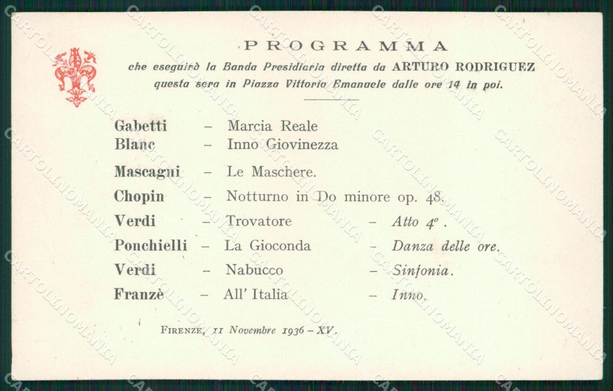 Firenze città Banda Musicale Presidiaria Corpo Armata Programma cartolina QT5420 – fronte