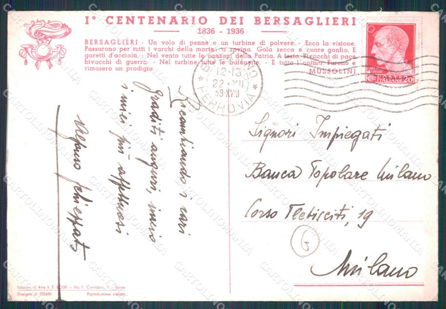 Militari Bersaglieri Pisani FG cartolina QT5732 – retro