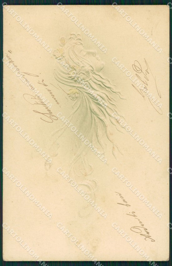 Art Nouveau Lady Relief OPF postcard PIEGHINE CREASES cartolina QT5834 – fronte