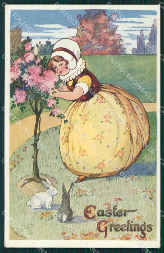 Easter Greetings Girl Rabbit Raphael Tuck Oilette postcard cartolina QT5861 – fronte