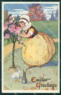 Easter Greetings Girl Rabbit Raphael Tuck Oilette postcard cartolina QT5861 – fronte