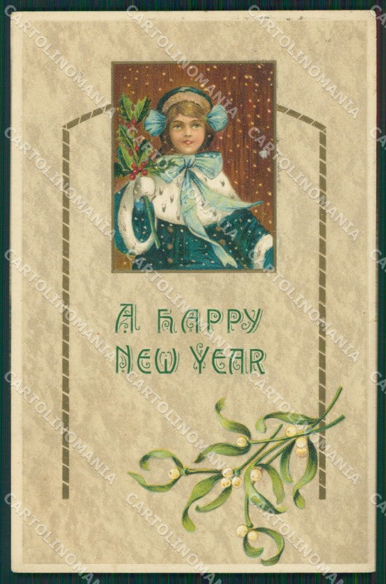 Little Girl Christmas Mistletoe Relief postcard cartolina QT5869 – fronte