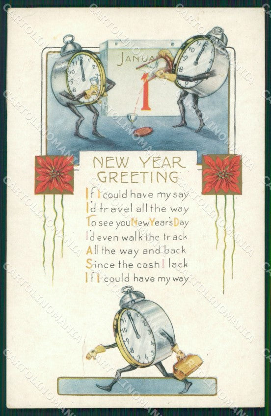 Happy New Year Greetings CREASES postcard cartolina QT5877 – fronte