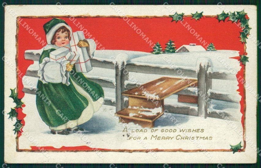 Christmas Geetings Girl Relief postcard cartolina QT5883 – fronte