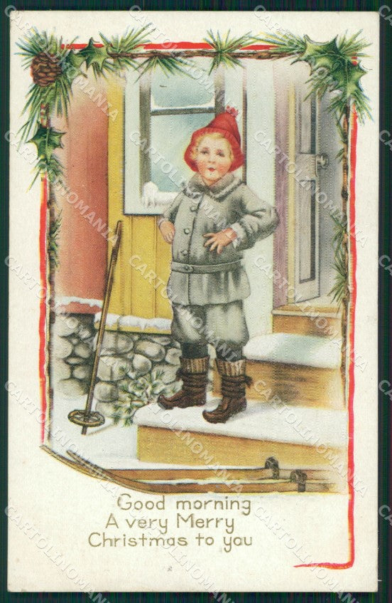 Christmas Geetings Ski Boy Relief postcard cartolina QT5884 – fronte