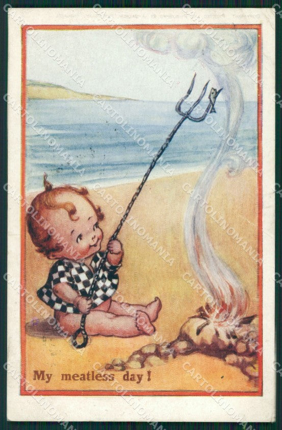 Little Boy Sea Flora White CREASED postcard cartolina QT5885 – fronte