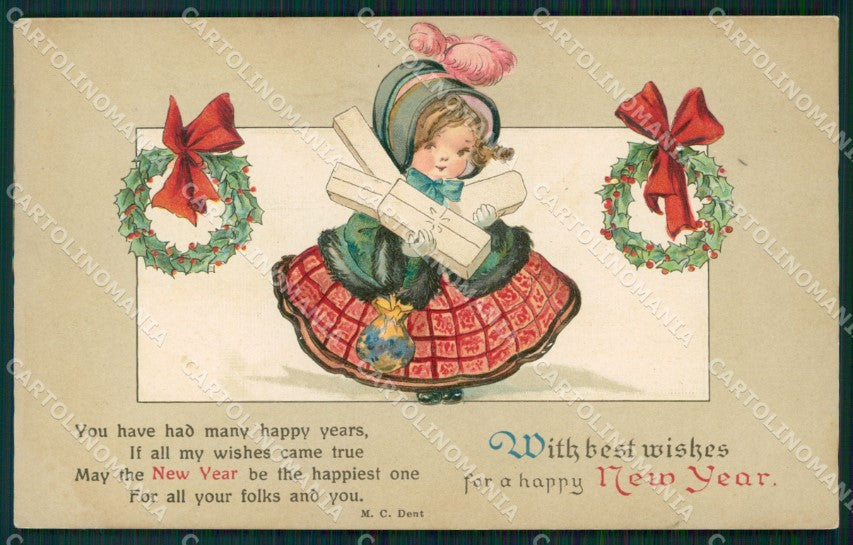 Little Girl Happy New Year Greetings Relief postcard cartolina QT5887 – fronte