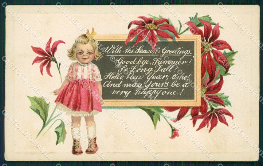 Girl Happy New Year Greetings Clapsaddle Relief CORNER CREASE postcard QT5895 – fronte