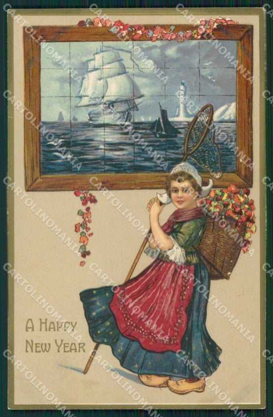 Dutch Girl Happy New Year Greetings Clapsaddle ? Relief postcard QT5896 – fronte