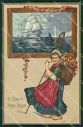 Dutch Girl Happy New Year Greetings Clapsaddle ? Relief postcard QT5896 – fronte