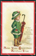 Little Boy Happy New Year Greetings Clapsaddle Relief HOLE postcard QT5898 – fronte