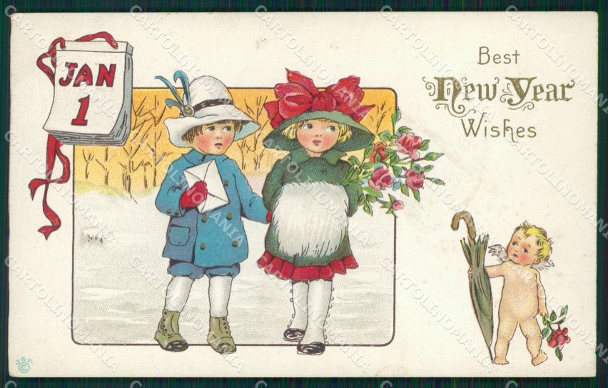 Children Happy New Year Greetings Clapsaddle ? Relief postcard cartolina QT5900 – fronte