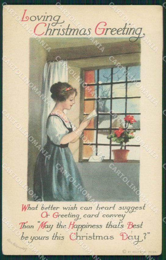 Lady Christmas Greetings Clapsaddle Relief SPOT CORNER CREASE postcard QT5914 – fronte