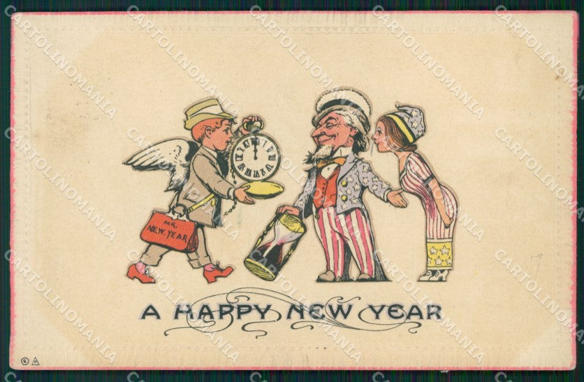 Little Boy Uncle Sam Happy New Year Greetings Relief postcard cartolina QT5917 – fronte