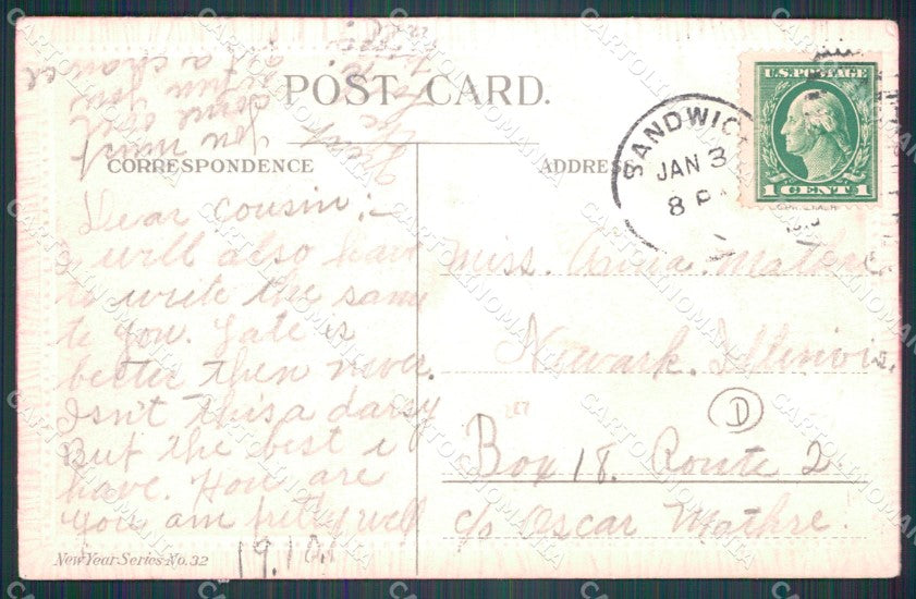 Little Boy Uncle Sam Happy New Year Greetings Relief postcard cartolina QT5917 – retro