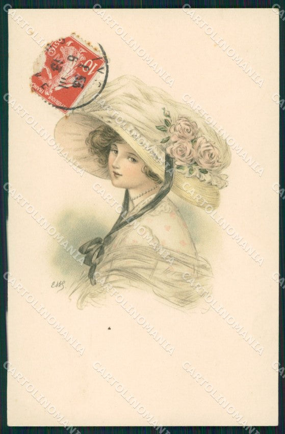 Glamour Lady Big Hat Druck Dondorf serie 523 postcard cartolina QT6014 – fronte