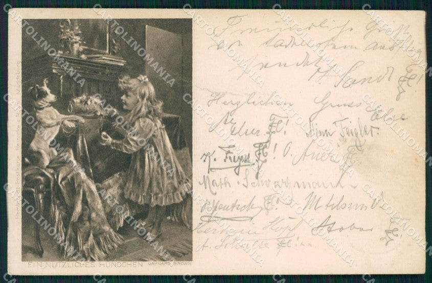 Little Girl Dog Maynard Brown CREASED postcard cartolina QT6142 – fronte
