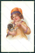 Little Girl and Dog signed postcard cartolina QT6160 – fronte