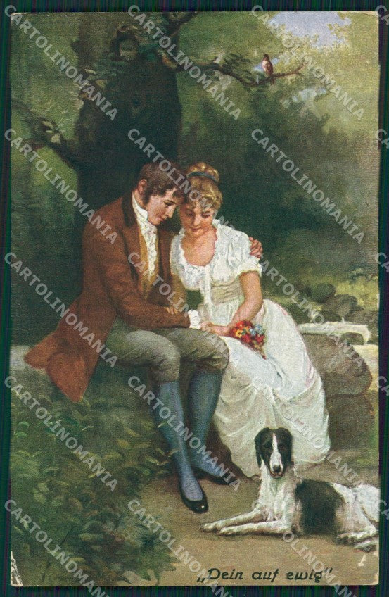 Romantic Couple and Borzoi Dog postcard cartolina QT6168 – fronte