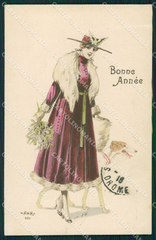 Borzoi dog Glamour Lady Christmas Greetings CREASED postcard cartolina QT6169 – fronte