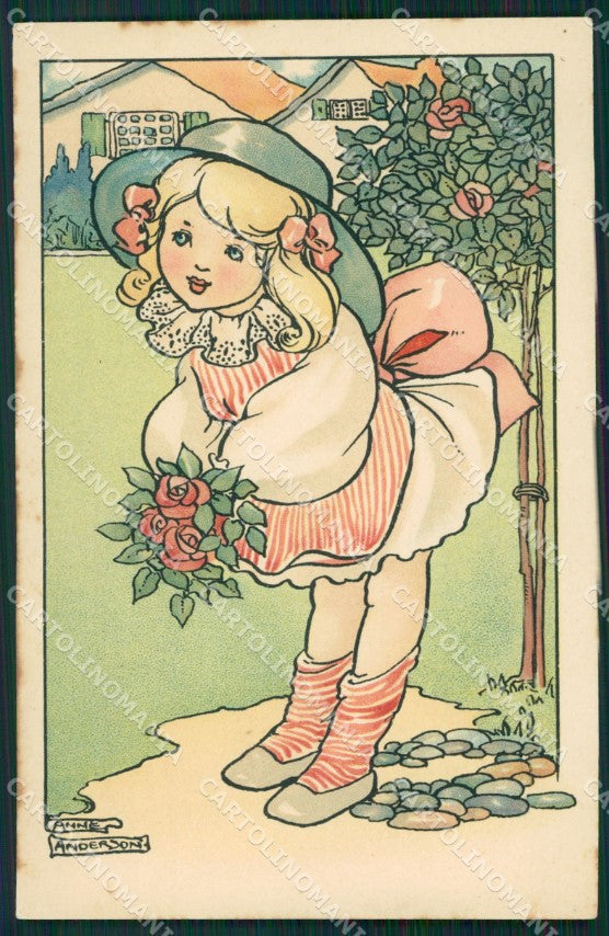 Little Girl and Flowers Anne Anderson Dondorf serie 468 postcard QT6251 – fronte