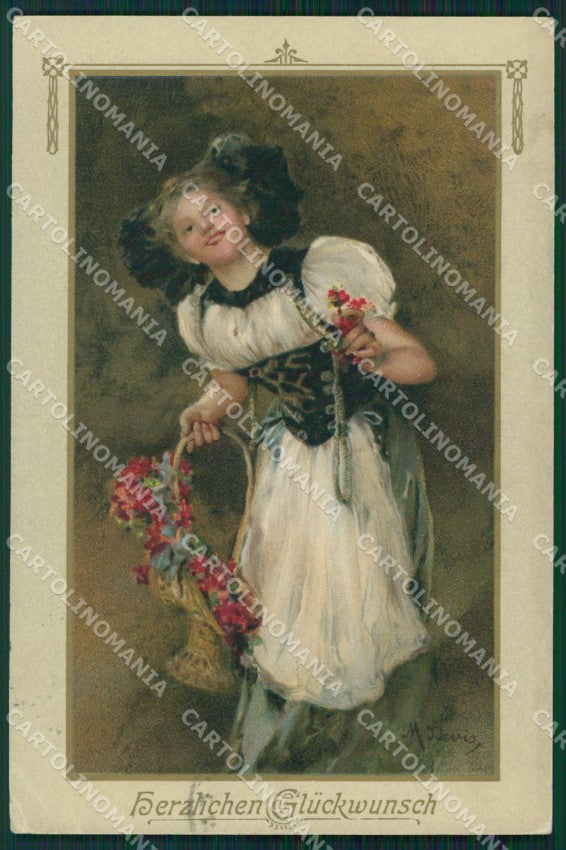 Little Girl and Flowers Levis CORNER CREASE Dondorf serie 182 postcard QT6256 – fronte