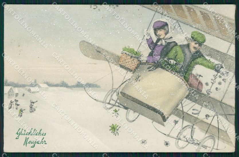Christmas Greetings Airplane MM Vienne serie 5250 postcard cartolina QT6338 – fronte